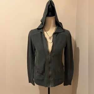 Eddie Bauer Dark Olive Green Hooded Military Inspired  Zip-Up Sweater, size XS